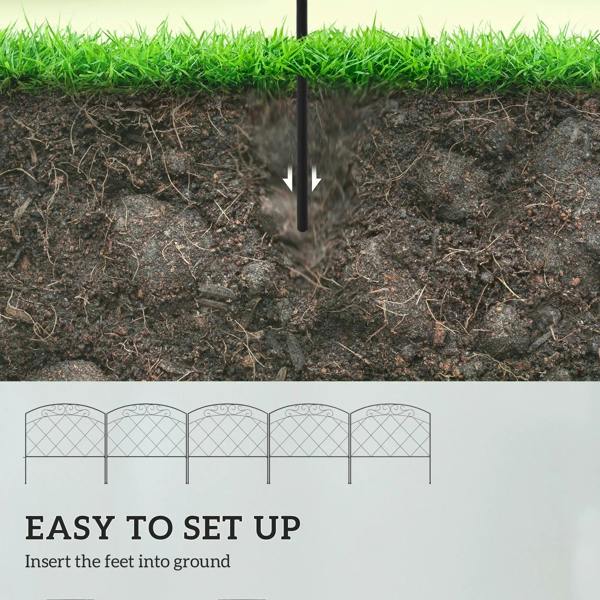 Black decorative fence panel with arched top and diamond grid pattern, ground stakes
