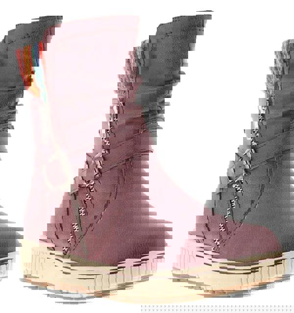 Natrelle Gillian Womens Zip Up Boots Ankle Boots, close-up view of stylish burgundy leather ankle boots with side zippers, buckle detail, and colorful knit cuff at the top.