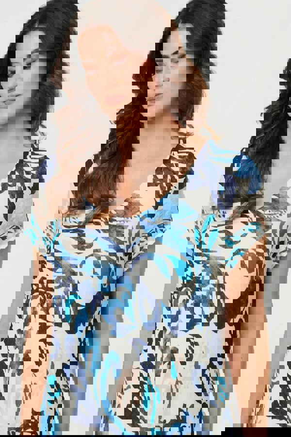 Blue | Printed Cap Sleeve Knee Length Dress