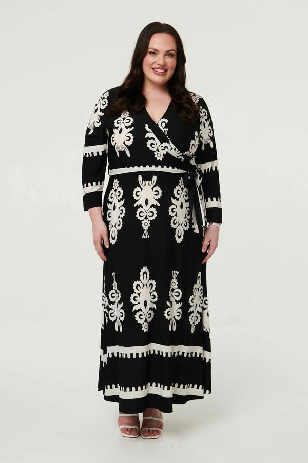 Black | Curve Ikat Print 3/4 Sleeve Wrap Maxi Dress