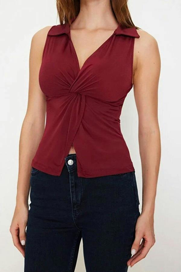 WOVCOR Fitted Polo Collar Stretch Knit Blouse