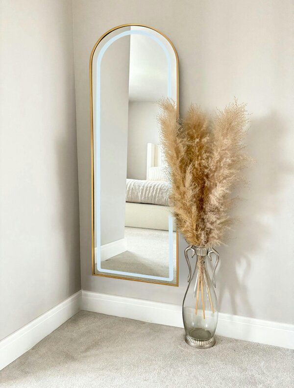 Downton Interiors Stunning Gold Arched Metal Frame LED Wall or Floor Standing Dressing Mirror 145cm x 45cm - Soho Collection