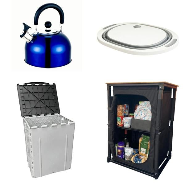 OLPRO Camp Kitchen Bundle - Bamboo Cooking Table, 30L Foldable Dustbin, 2L Stainless Steel Kettle, Silicone Folding Bowl