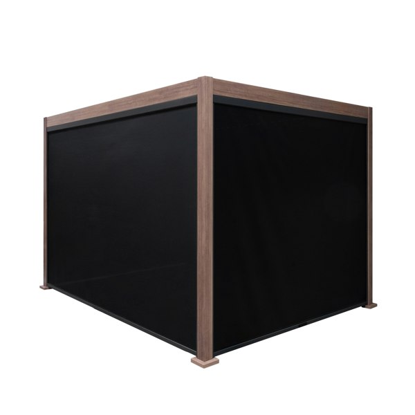 Wood effect aluminium pergola with blinds, 3m x 3m, featuring a sleek design, dark fabric, and sturdy wooden finish for outdoor elegance