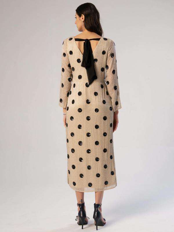 Rose & Nancy Merrin Ivory Polka Dot Hand Beaded Midi Dress