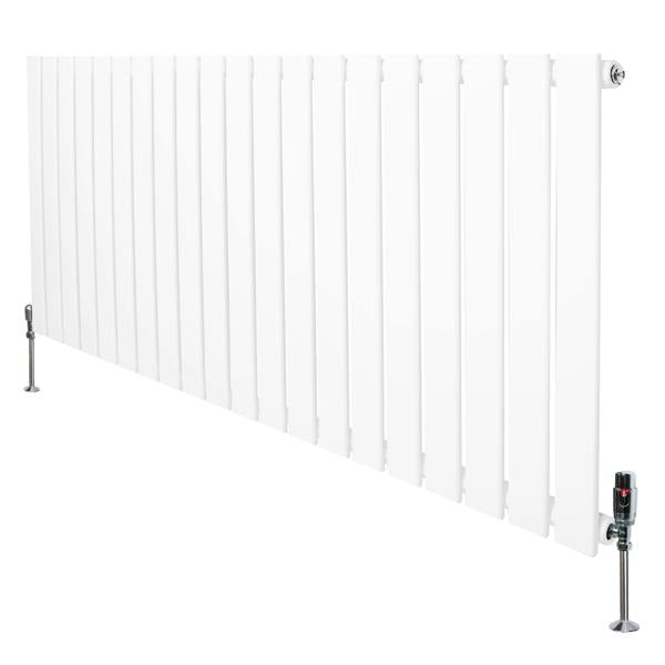 Flat single column radiator in white, measuring 600mm x 1400mm, featuring sleek vertical panels and chrome valves for modern decor