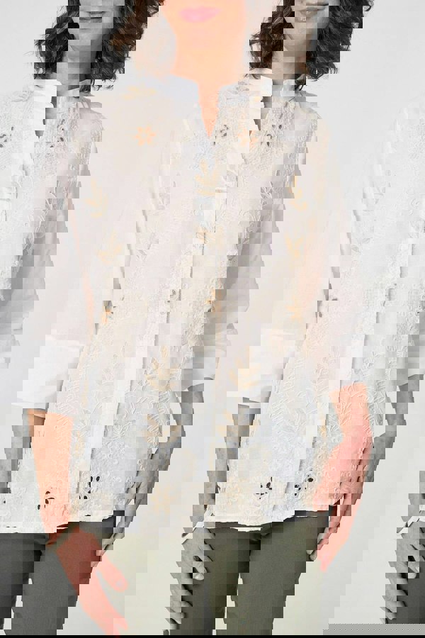 White | Floral Embroidered Texture V-Neck Blouse
