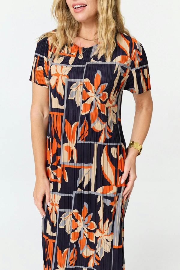 Orange | Floral Pleated Texture Midi Shift Dress