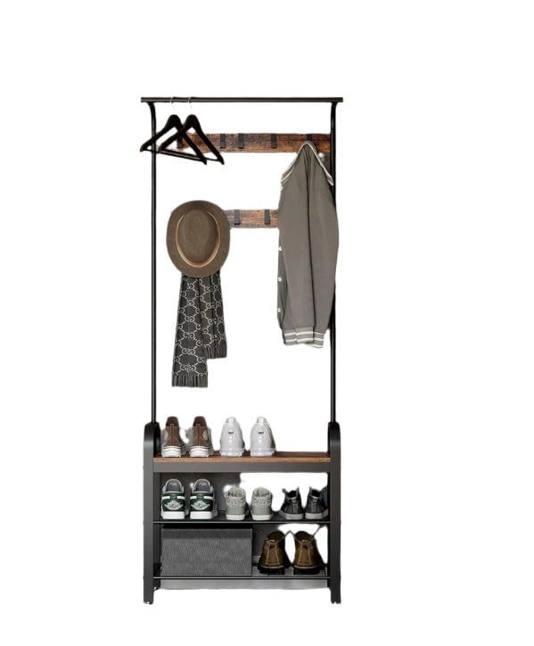 Modcraft Industrial 4-in-1 Coat Rack with Shoe Bench – Hallway Clothes Stand with 9 Hooks