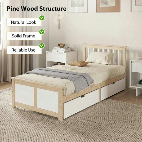 Pine Storage Bed, 3ft Single Solid Wooden Bed Frame with Drawers, Headboard, Wood Slat Support, Natural Wood Finish