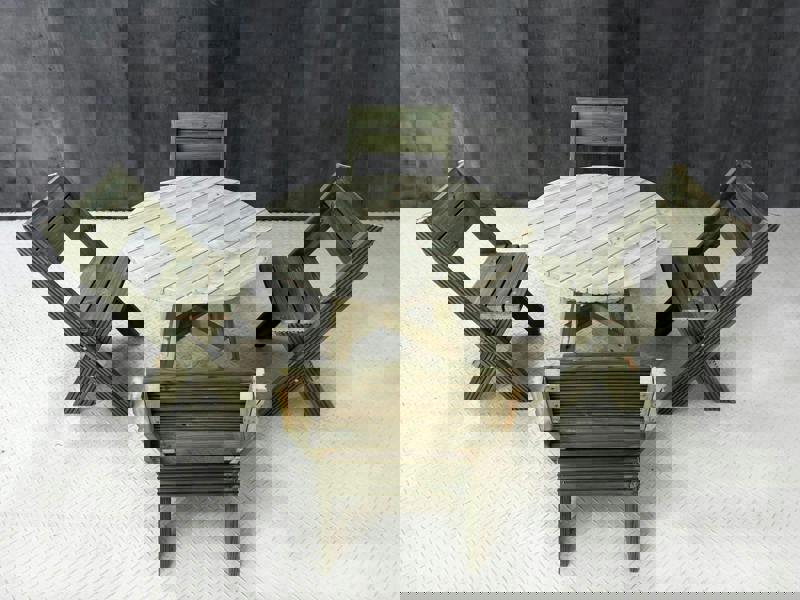 DeckFusion Wooden Rounded Picnic Table and Four Chairs Set – Sturdy Outdoor Dining Set for Gardens, Patios, and Picnics
