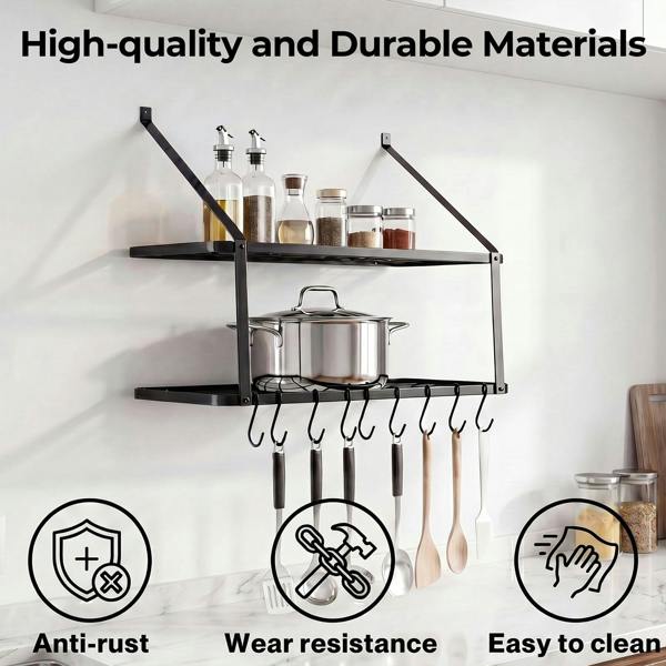 TOQUE Pot Pan Rack Wall Mounted Kitchen Shelf 2 Tier Storage Rack Metal 10 Hooks