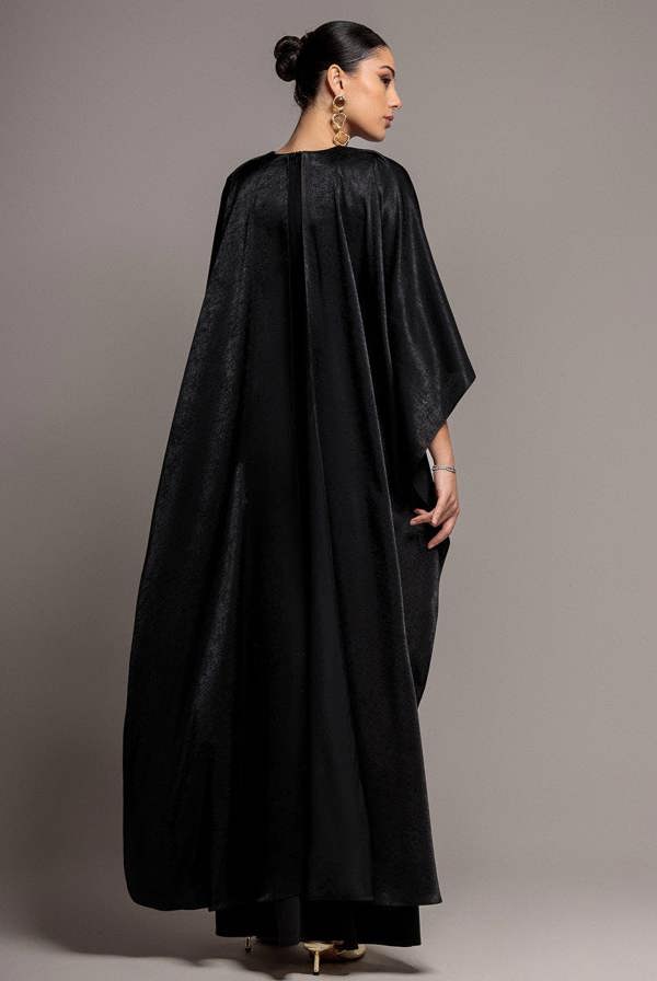 Goddiva Scoop Neck Velvet Satin Cape Sleeve Maxi Dress - Black DR5074