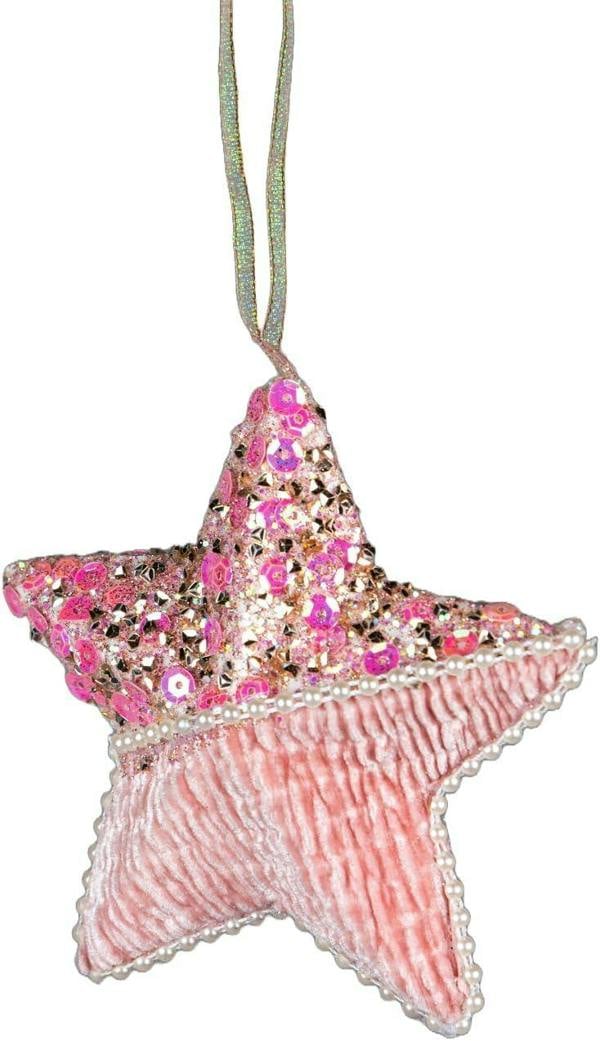 12cm Baby Pink Glitter Star Christmas Hanging Decorations, 3 Piece Festive Tree Ornaments image 5