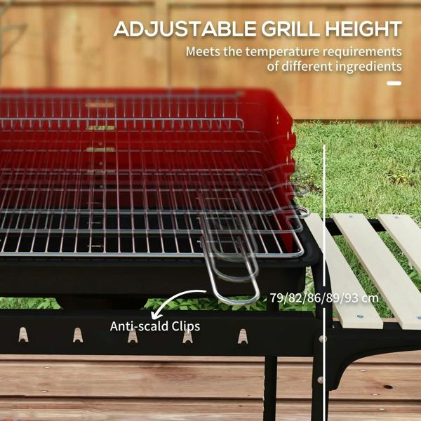 Red charcoal BBQ grill with adjustable grate height clips and anti-scald side handles