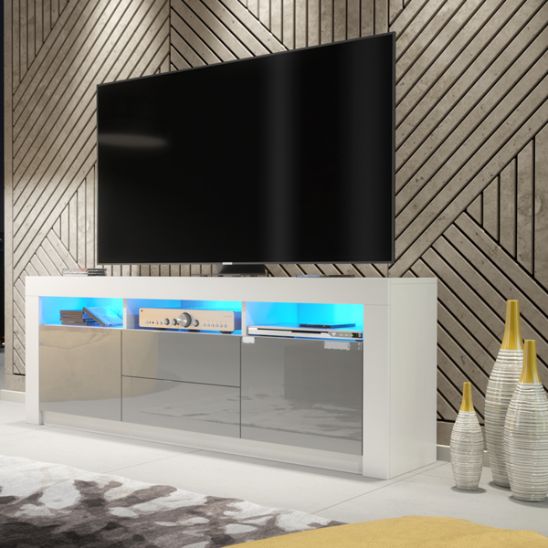 Mex Furniture Spacious 160cm TV Unit & Cabinet with Grey High Gloss Doors and Free LED