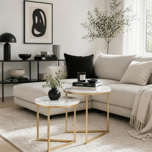 Wyld Haus Keroro Set Of 2 Nesting Tables Metal And Marble Effect White And Gold