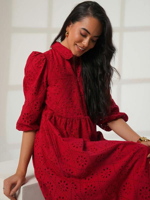 Rose & Nancy Lucille Red Embroidered Midi Shirt Dress&nbsp;