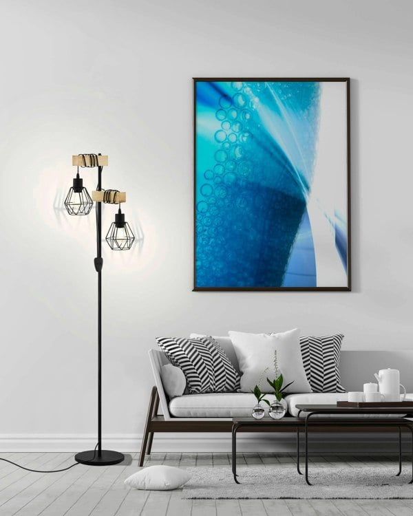 EGLO Townshend 5 Black/Natural Metal And Wood 2-Light Floor Lamp - Industrial Style (D) 25cm