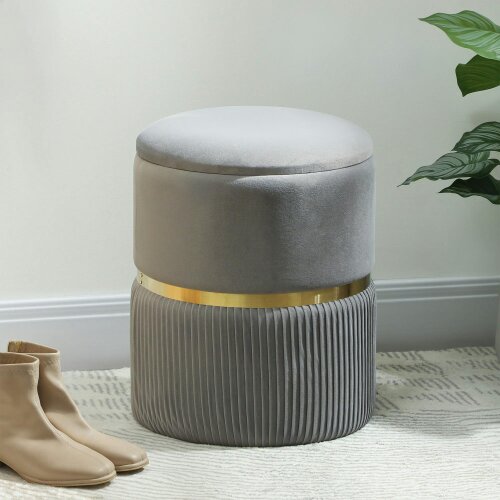 Wyld Haus Rivera Velvet Light Grey Ribbed Storage Ottoman Gold Accent