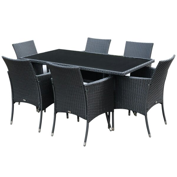 Wyld Haus Loreke Black Rattan 6 Seater Outdoor Dining Set With Armchairs And Glass Top Table