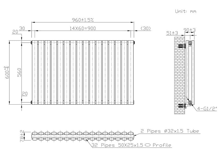 MYHOMEWARE Black 960 x 600 mm Modern Horizontal Column Designer Radiator Oval Double Panel Radiator Heater