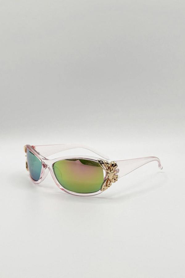 Vintage Wrap Around With Butterfly Detail Sunglasses in Pink Multi - svnx
