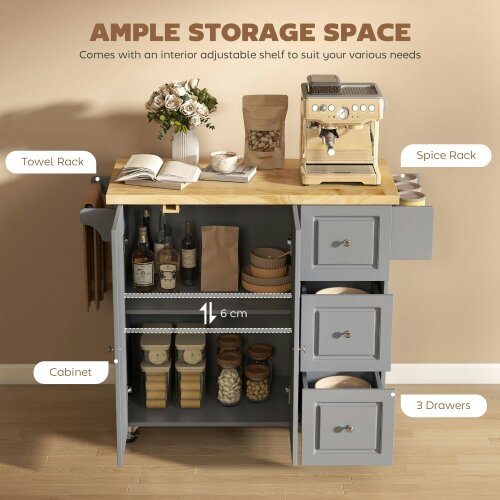 Wyld Haus Norado Grey and Natural Wooden Rolling Kitchen Island With Drop Leaf Drawer Towel And Spice Racks