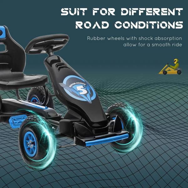 Kids pedal go kart with rubber wheels, blue wheel rims, and black padded seat