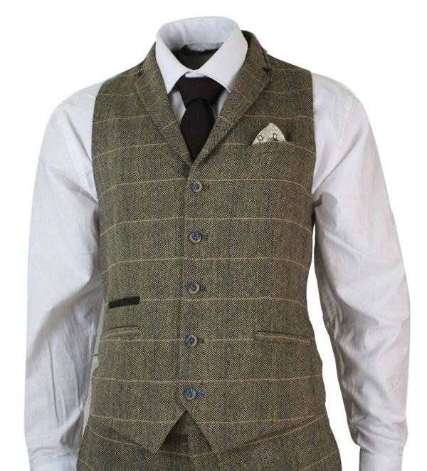 House of Cavani Mens 3 Piece Tan Brown Check Tweed Herringbone Vintage Classic Suit