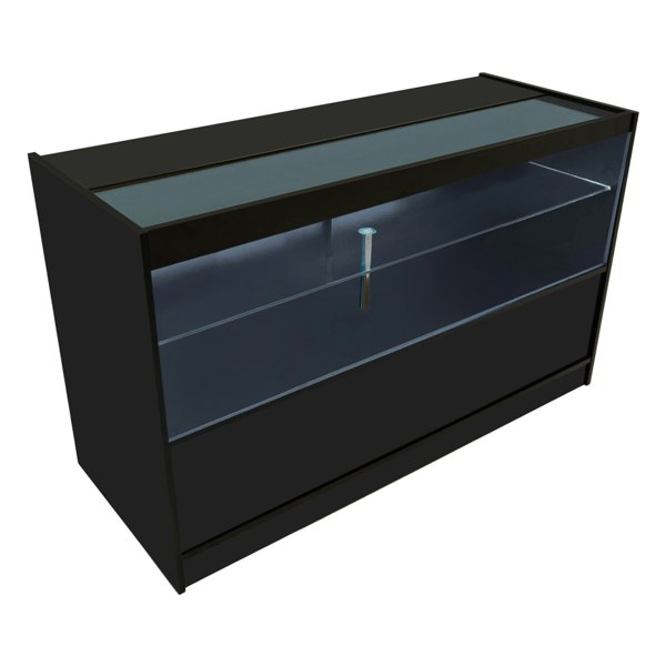 Sleek black Selene LED shop counter set with a glass display top and illuminated interior, perfect for showcasing products