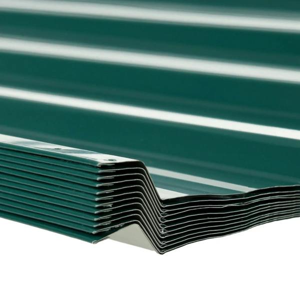 Green corrugated steel roof sheet panels interlocking edge stack detail