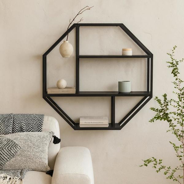 Wyld Haus El Paso Black Metal Octagonal Wall Shelf 4 Black Wooden Shelves