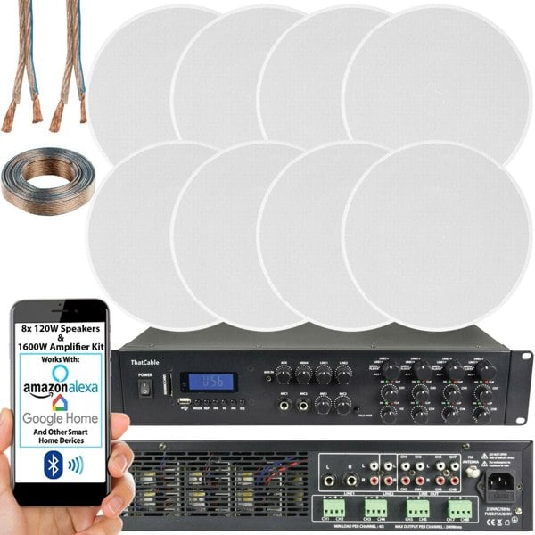 1600W Bluetooth Sound System 8x 120W Slim Ceiling Speaker 8 Zone Mixer Amplifier