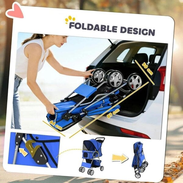 Dog Pram, Pet Stroller with Reflective Strips, Foldable Cat Stroller with 360° Swivel Wheels, Blue