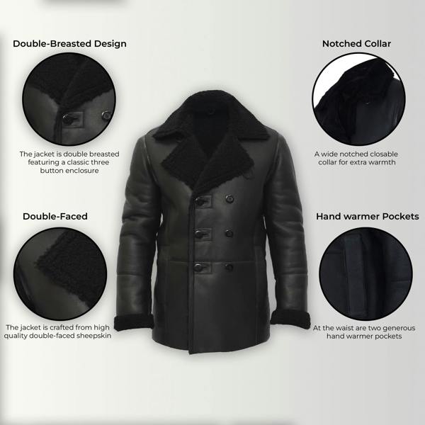 Infinity Leather Mens Double Breasted Shearling Sheepskin Pea Coat-Kington