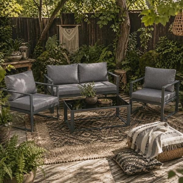 Wyld Haus Luro 4 Seater Grey Garden Sofa Set with 2 Armchairs 1 Sofa and 1 Coffee Table Aluminium Frame