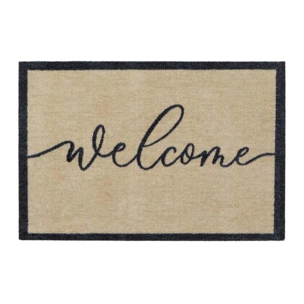 Beige doormat with 'welcome' text on a white background