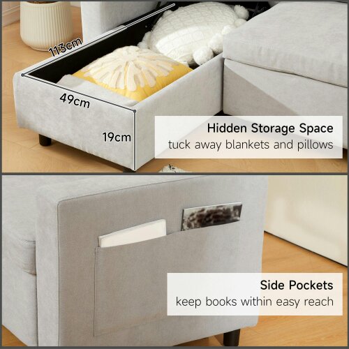 Wyld Haus Tafaha Light Grey Pull Out Sofa Bed With Storage and Side Pockets