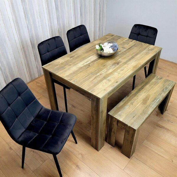 Kosy Koala Modern Rustic Effect Dining Table Set with 4 Black Velvet Chairs and Bench - Kitchen Dining Furniture