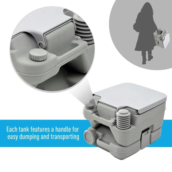 Grey portable toilet with stacked flush pump and side knob control