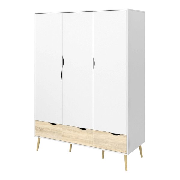 Wyld Haus Sapporo White and Natural Oak Effect Wardrobe 3 Doors 3 Drawers
