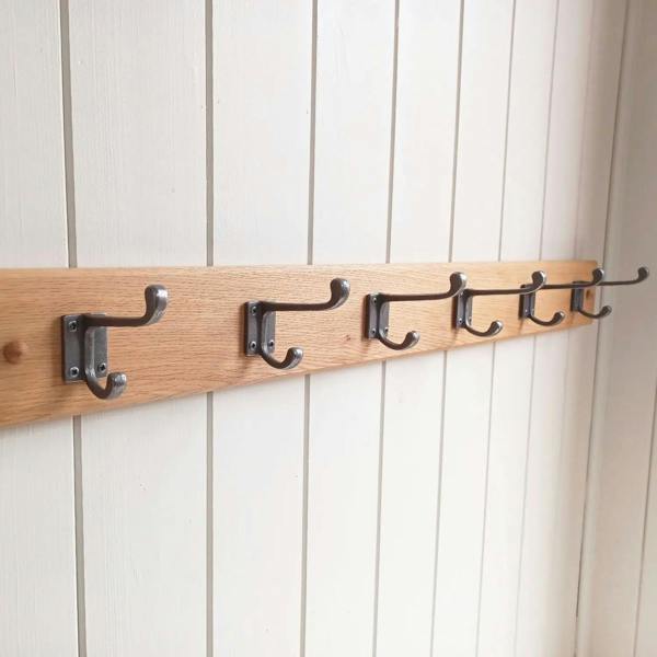 Handcrafted Solid Oak Coat Rack with Cast Iron Hall Stand Hooks