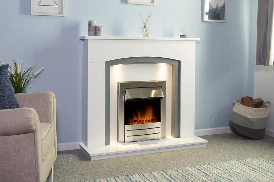 Adam Savanna Fireplace in Pure White & Grey with Downlights & Colorado Electric Fire in Brushed steel, 48 Inch