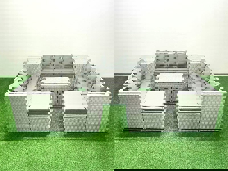 Fimous Outdoor Rattan Garden Furniture Set with Grey Cushions Luxury 14 Seater with Coffee Table and 2 Side Tables For Conservatory,Patio