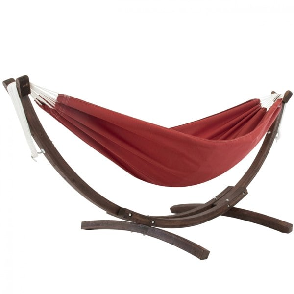 Vivere Double Sunbrella Hammock with Solid Pine Arc Stand - Crimson