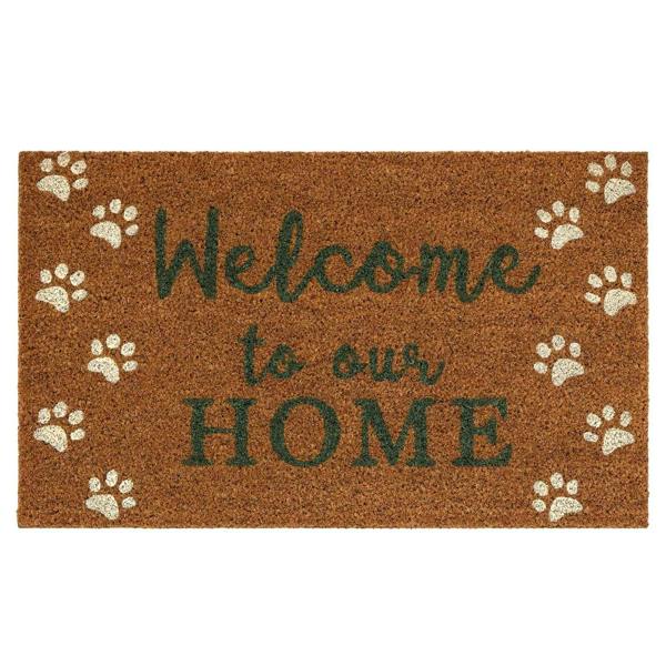 Doormat with 'Welcome to our HOME' text and paw prints on a brown background
