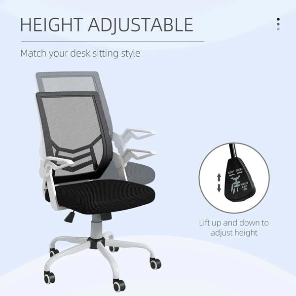 Black mesh office chair with padded seat, white frame, and height-adjustable lever