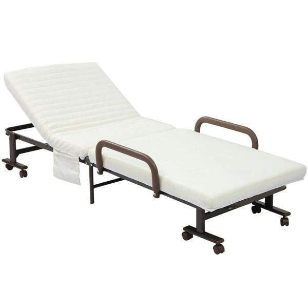 Single folding guest bed with white mattress and brown metal frame on rolling wheels