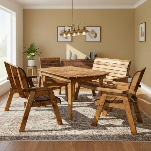 Samuel Alexander Handmade 6 Seater Rustic Wooden Indoor Dining Table, Bench & Chair Set